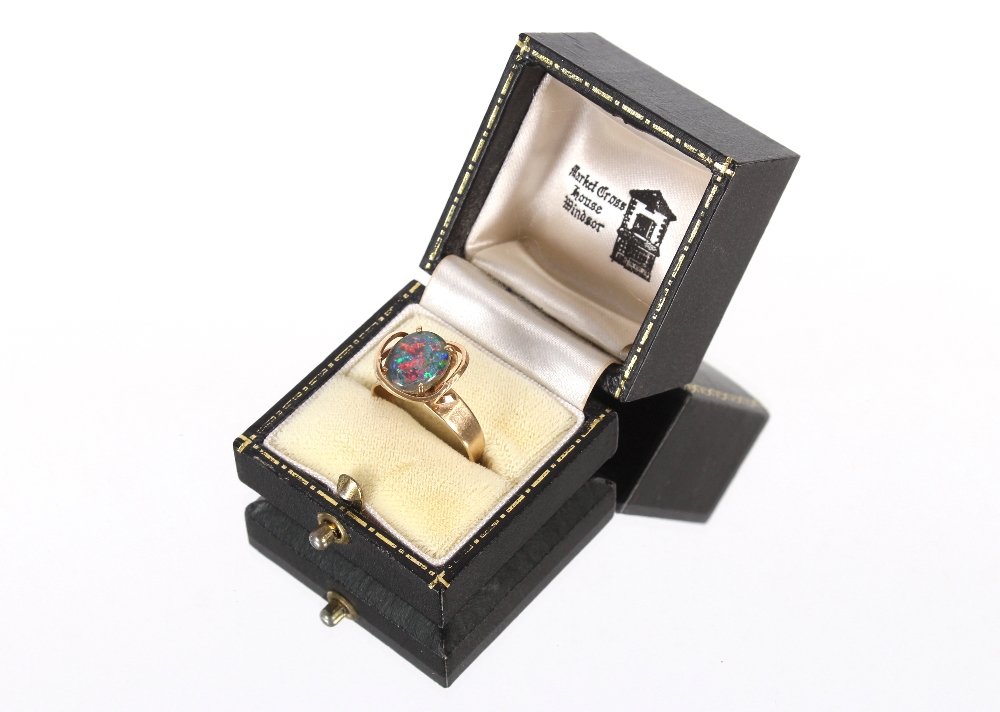 A 9ct gold opal set dress ring with pierced claw mount, 3.8gms - Image 2 of 4