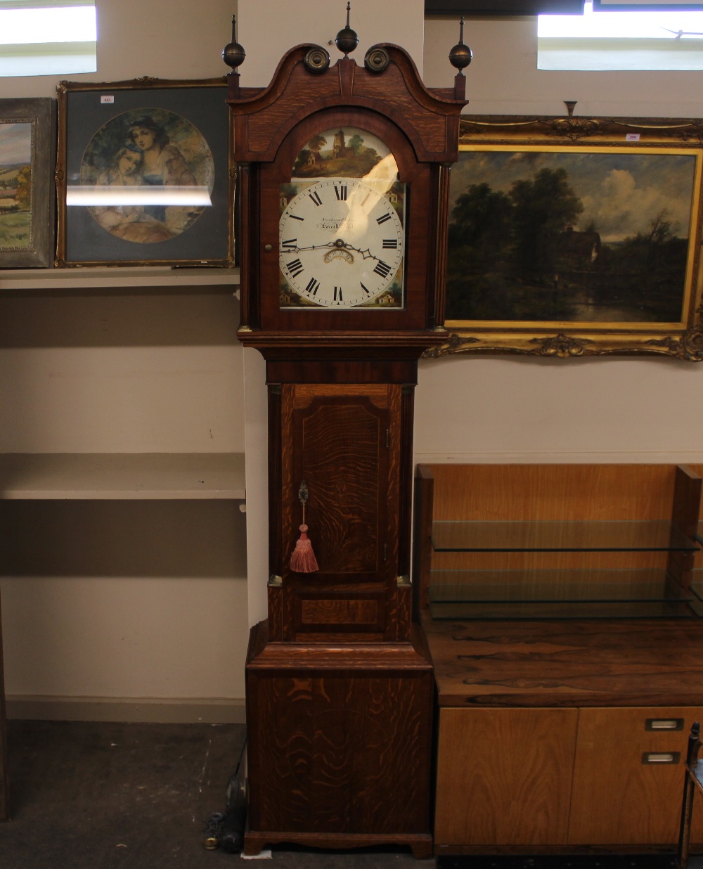 A 19th Century oak and mahogany cross banded long case clock, the hood with scroll arch pediment and - Image 7 of 8