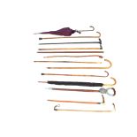 A collection of various walking sticks, riding crops and umbrellas