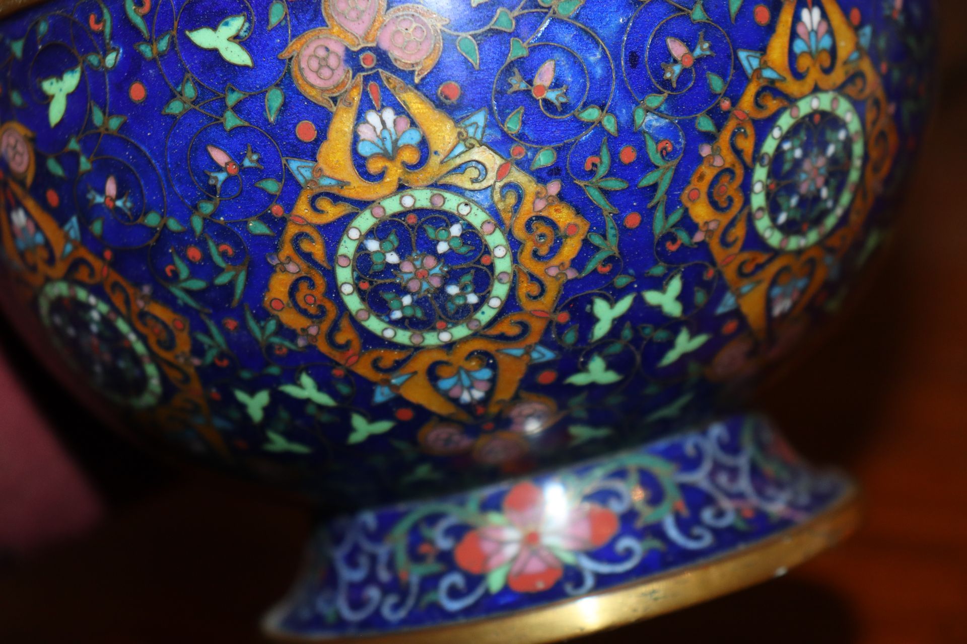 A Chinese cloisonné baluster vase, having floral decoration and symbol banded border on blue ground, - Image 8 of 12