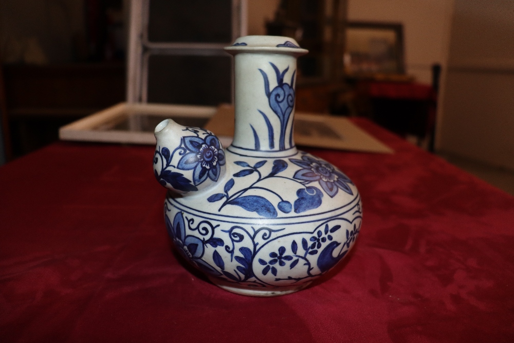 A Chinese Ming style Kendi of traditional form, blue glazed floral and bird decoration, 18cm high - Image 15 of 22