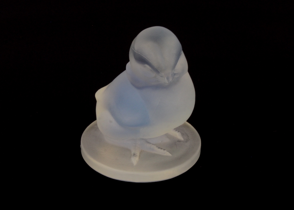 Ferjac, a blue frosted glass figure of a chick, circa 1930, marked Ferjac France