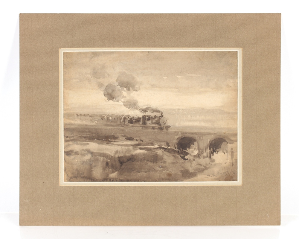 Sunderland Rollinson, study of a steam train crossing a viaduct, signed watercolour, 22.5cm x - Bild 2 aus 2