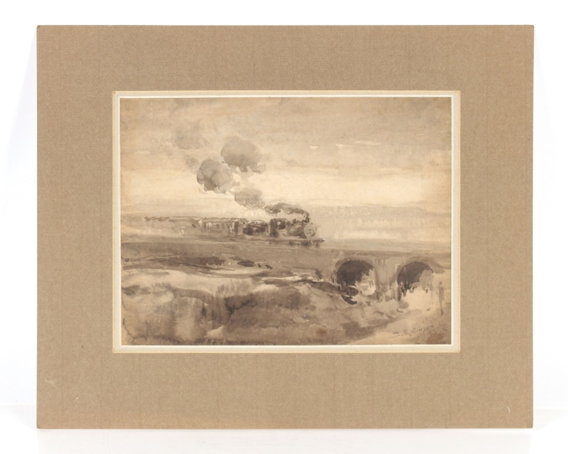 Sunderland Rollinson, study of a steam train crossing a viaduct, signed watercolour, 22.5cm x - Image 2 of 2