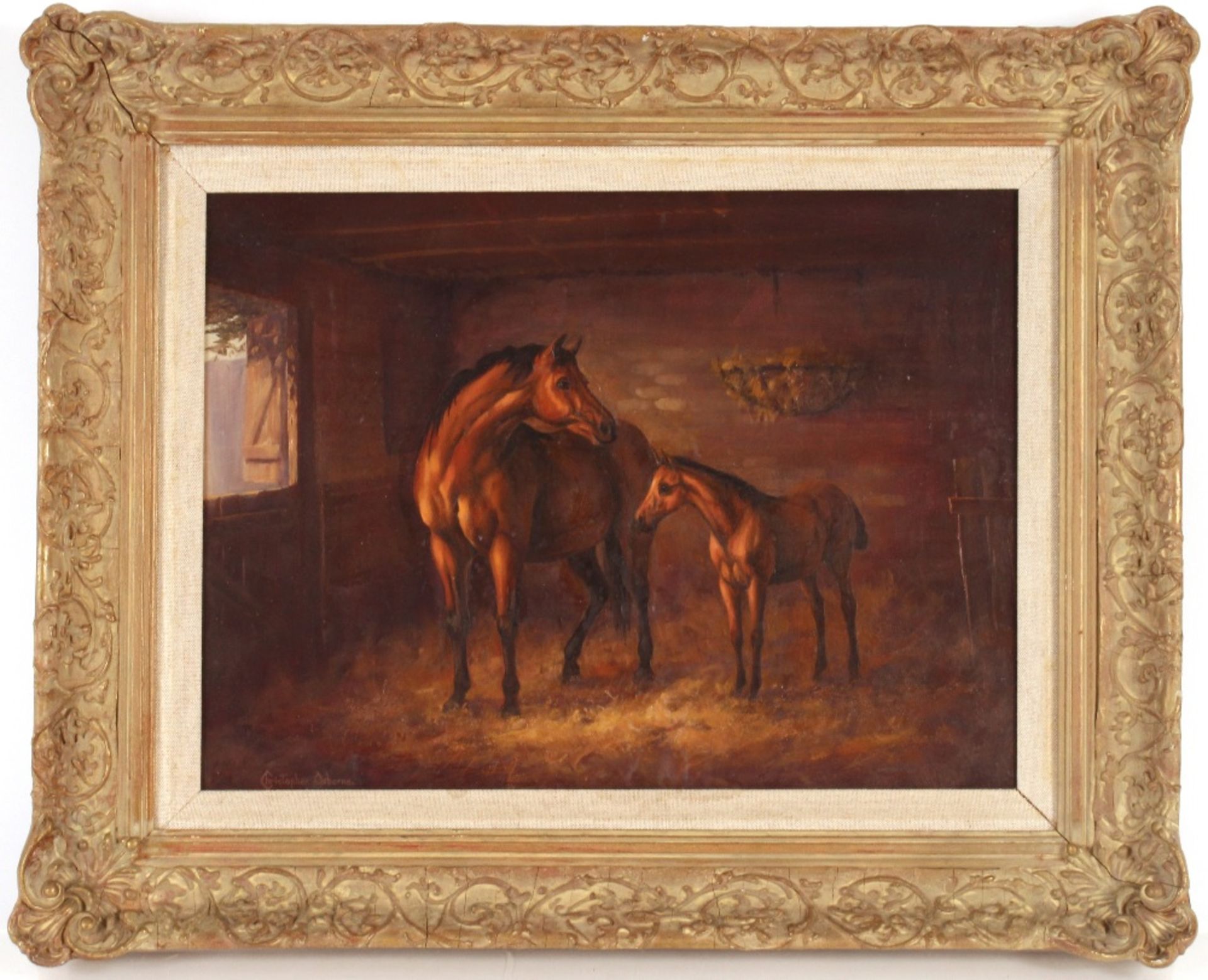 Christopher Osborne, study of a mare and foal in the stable, signed oil on board 29cm x 39cm - Image 2 of 4