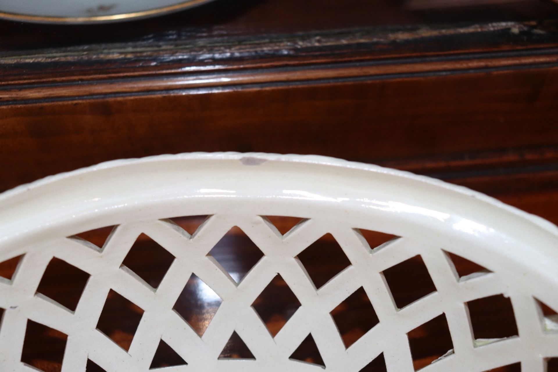 A 19th Century cream ware basket and cover with fruit finial, flanked by twist handles, 27cm long - Image 6 of 9