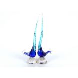 A pair of Murano type blue tinted glass exotic birds, 44cm high overall