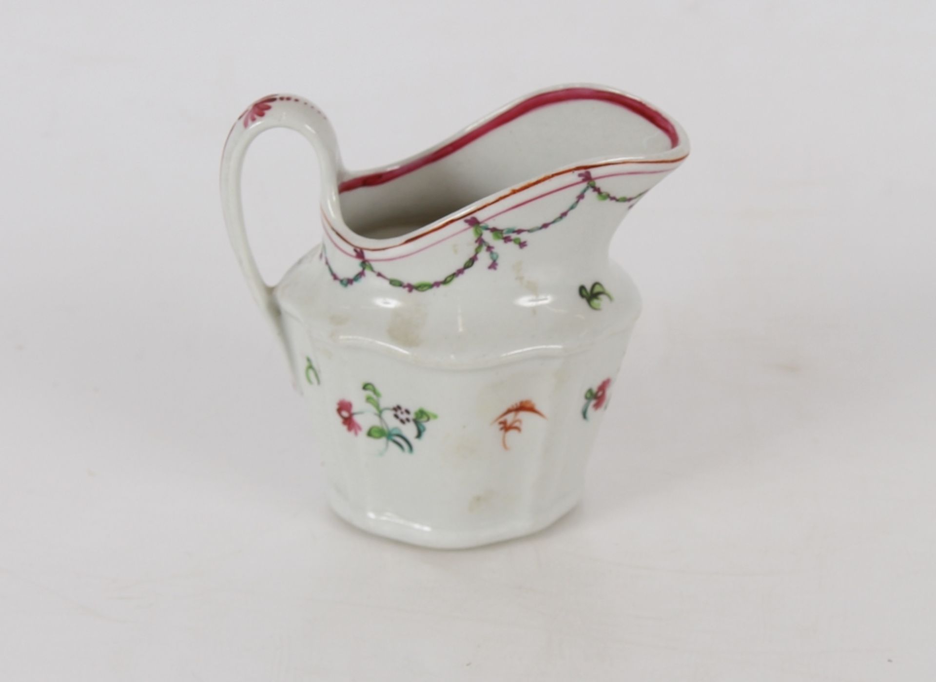 Newhall porcelain cream jug, decorated flowers and garlands, marked to base No.596, 11cm high - Image 2 of 3