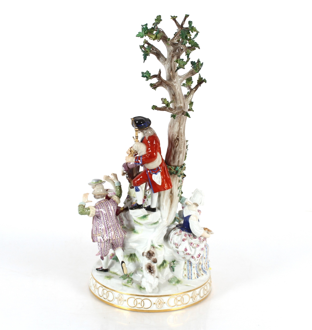A large 19th Century Meissen figure group depicting villagers dancing and drinking before a floral - Image 3 of 18