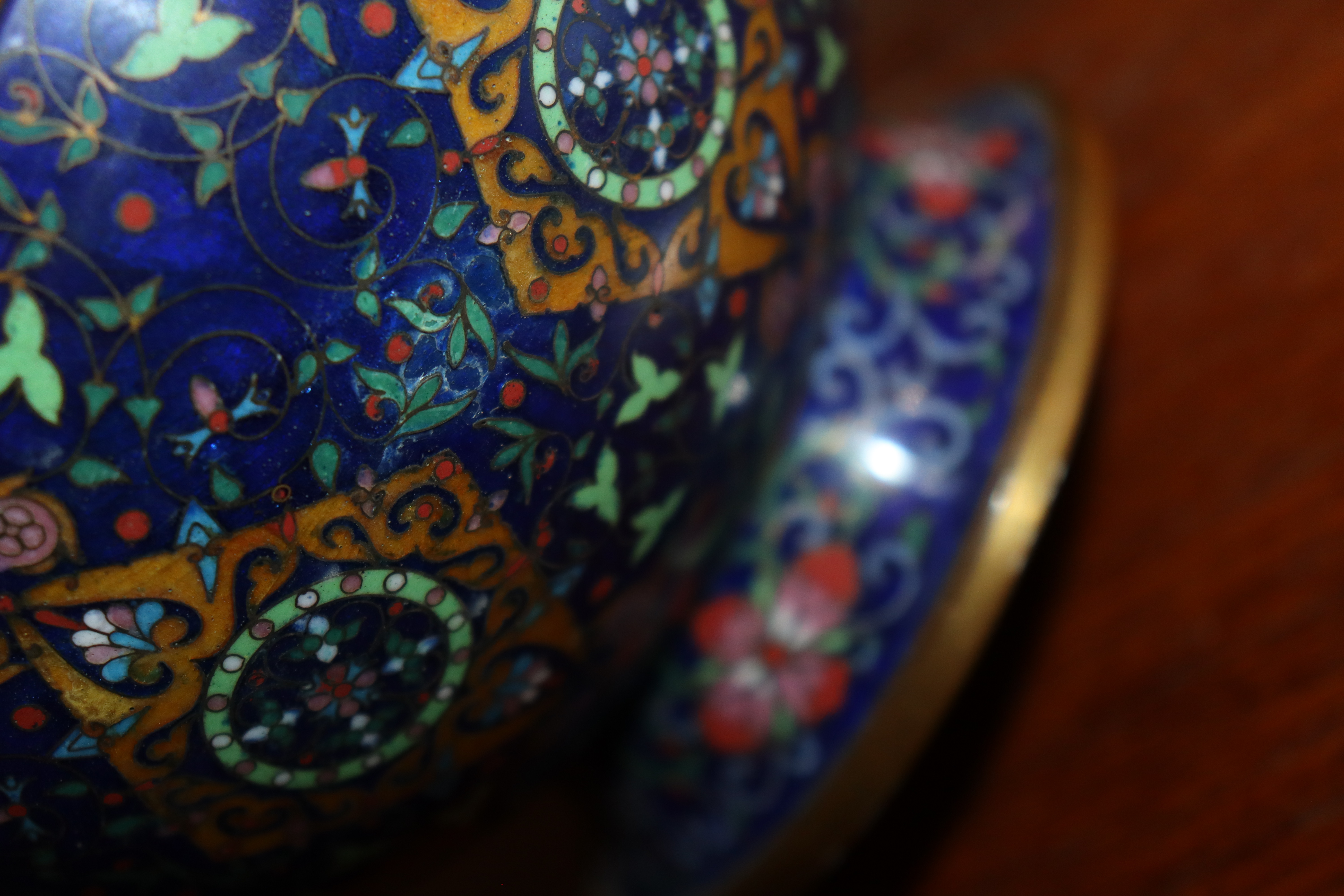 A Chinese cloisonné baluster vase, having floral decoration and symbol banded border on blue ground, - Image 6 of 12