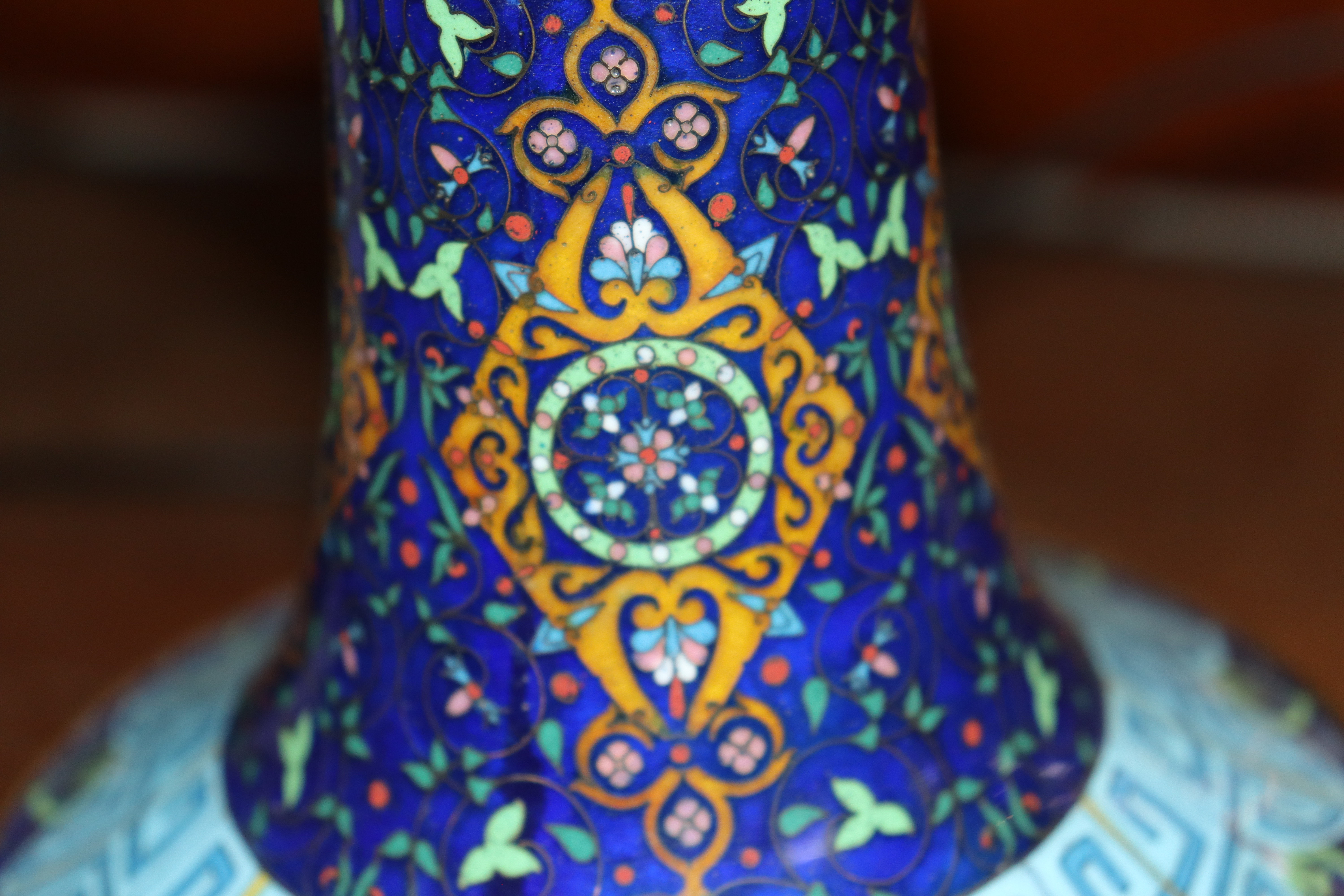 A Chinese cloisonné baluster vase, having floral decoration and symbol banded border on blue ground, - Image 11 of 12