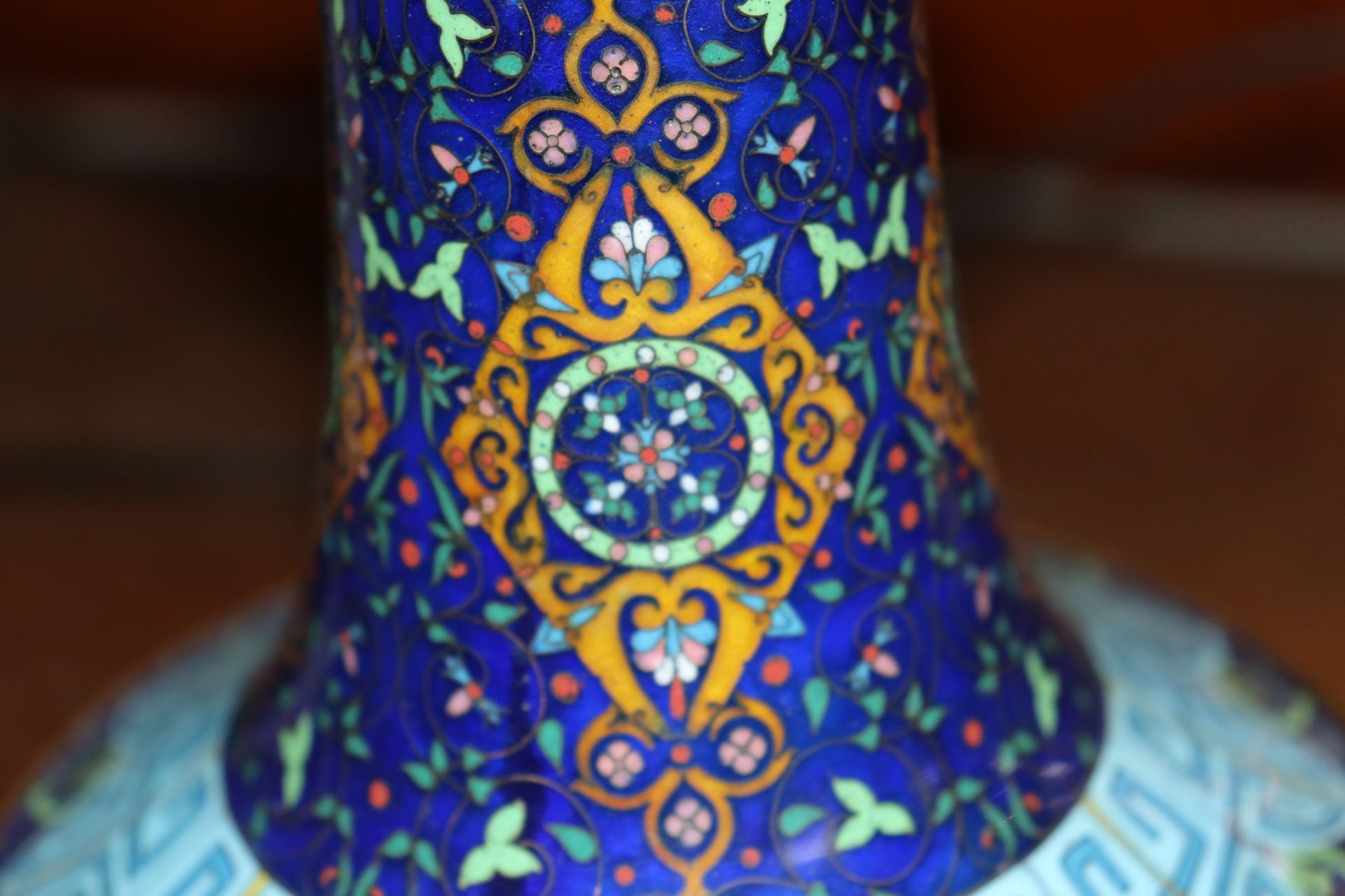 A Chinese cloisonné baluster vase, having floral decoration and symbol banded border on blue ground, - Image 11 of 12