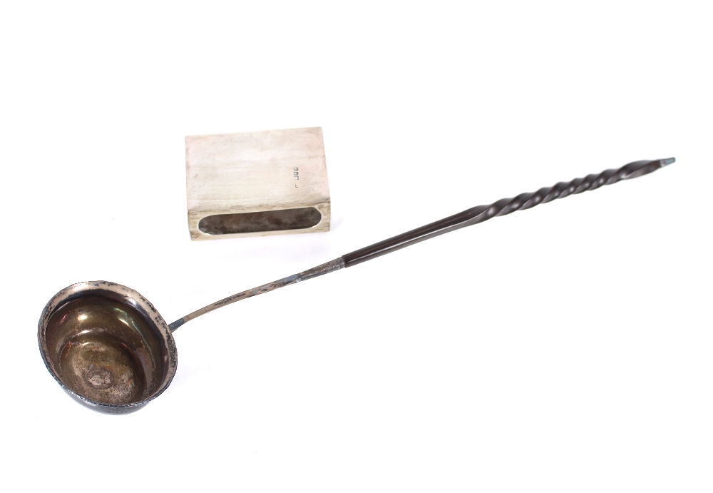 A Georgian toddy ladle with bone twist handle; and a silver matchbox holder