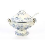 A Victorian blue and white Asiatic pheasant pattern tureen and cover with associated china ladle