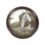 A miniature circular micro mosaic picture depicting figures in front of a waterfall; and a pair of