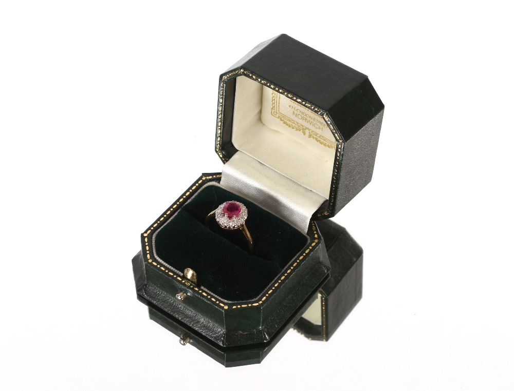 A ruby and diamond cluster ring, in 18ct gold mount, 3.9gms, ring size O - Image 2 of 3