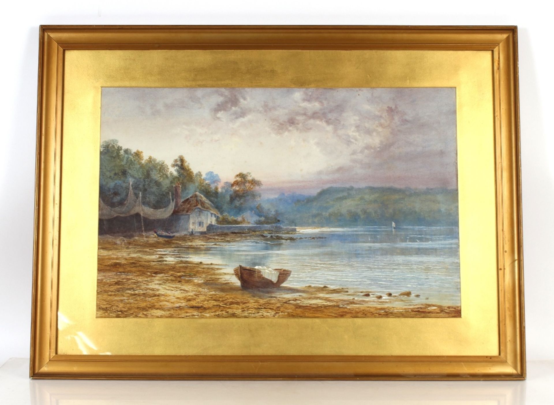 F. Walters, lake study with fisherman's cottage and vessels, signed watercolour dated 1892, 49cm x - Image 2 of 2