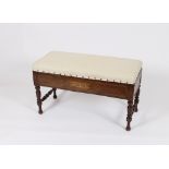 An Edwardian inlaid duet stool, having upholstered lifting seat raised on turned baluster supports