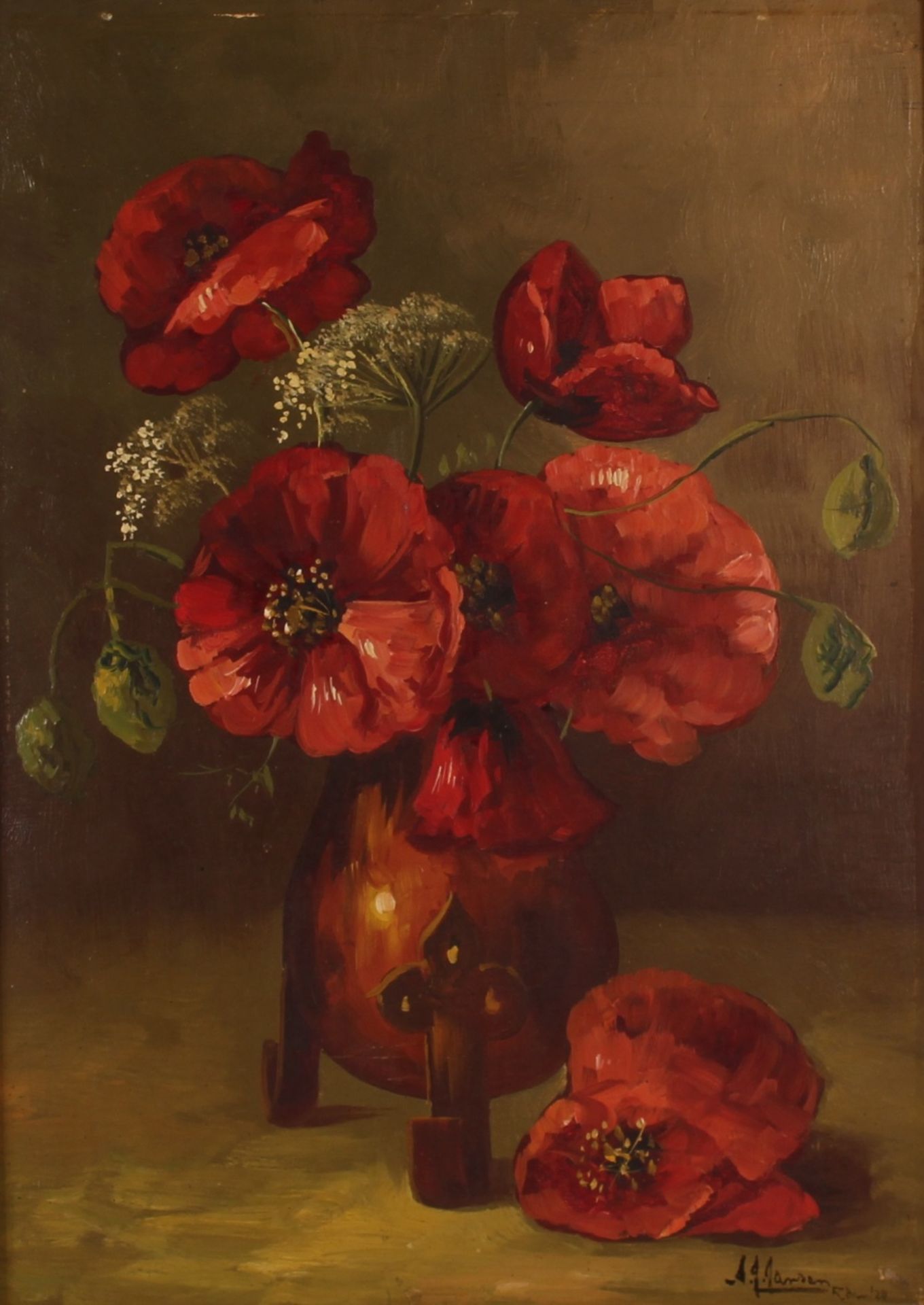 P.J. Jansen, pair of still life studies "Poppies" and "Roses" signed oils on board 37.5cm x 26.5cm - Image 5 of 6