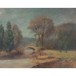 J Pilters (German 1887-1957), rural study of a bridge across a river, signed oil on board, 44cm x