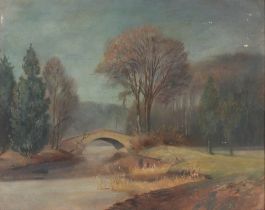J Pilters (German 1887-1957), rural study of a bridge across a river, signed oil on board, 44cm x
