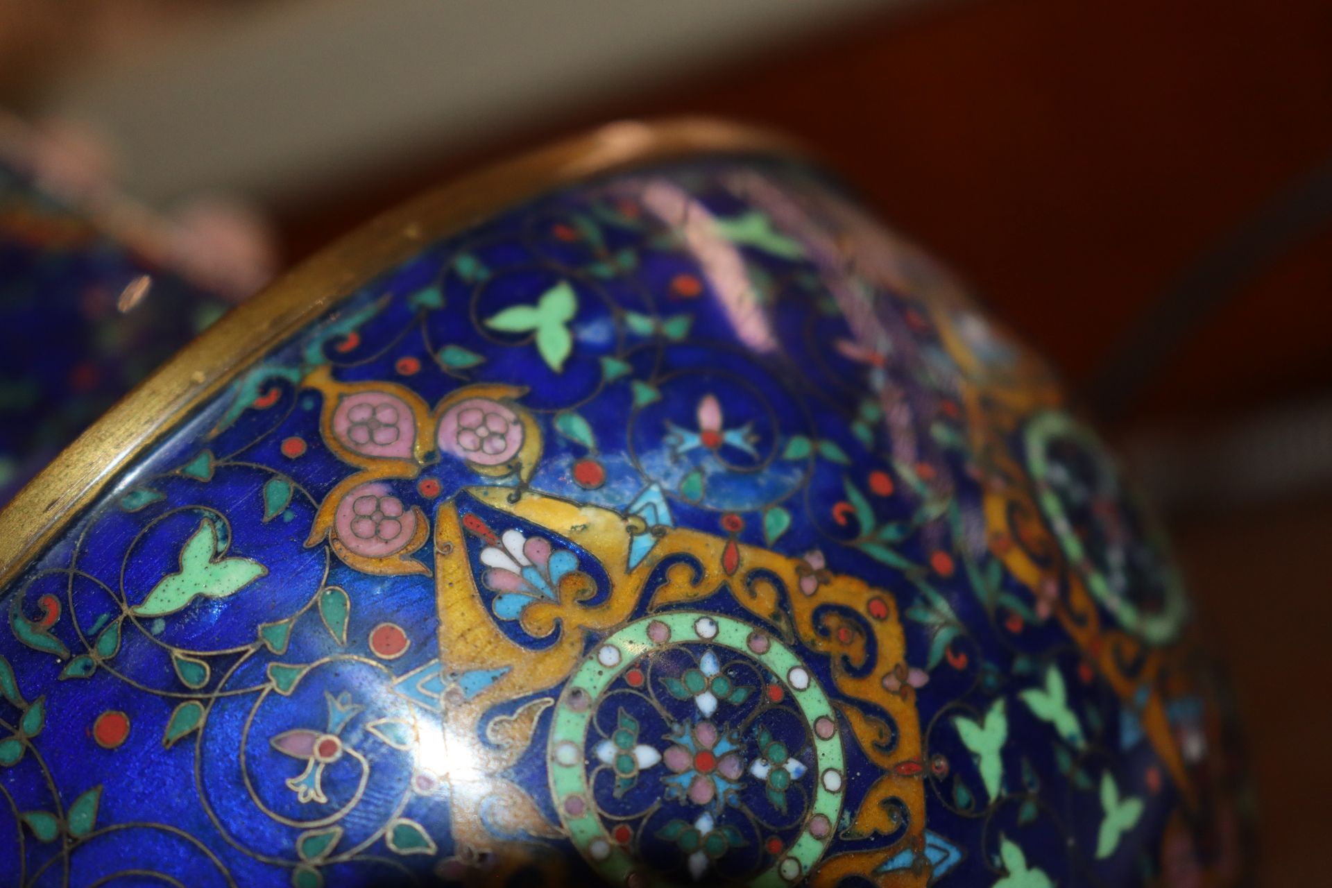 A Chinese cloisonné baluster vase, having floral decoration and symbol banded border on blue ground, - Image 4 of 12