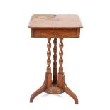 A 19th Century mahogany side table fitted single drawer and hinged top on triple column base, 46cm
