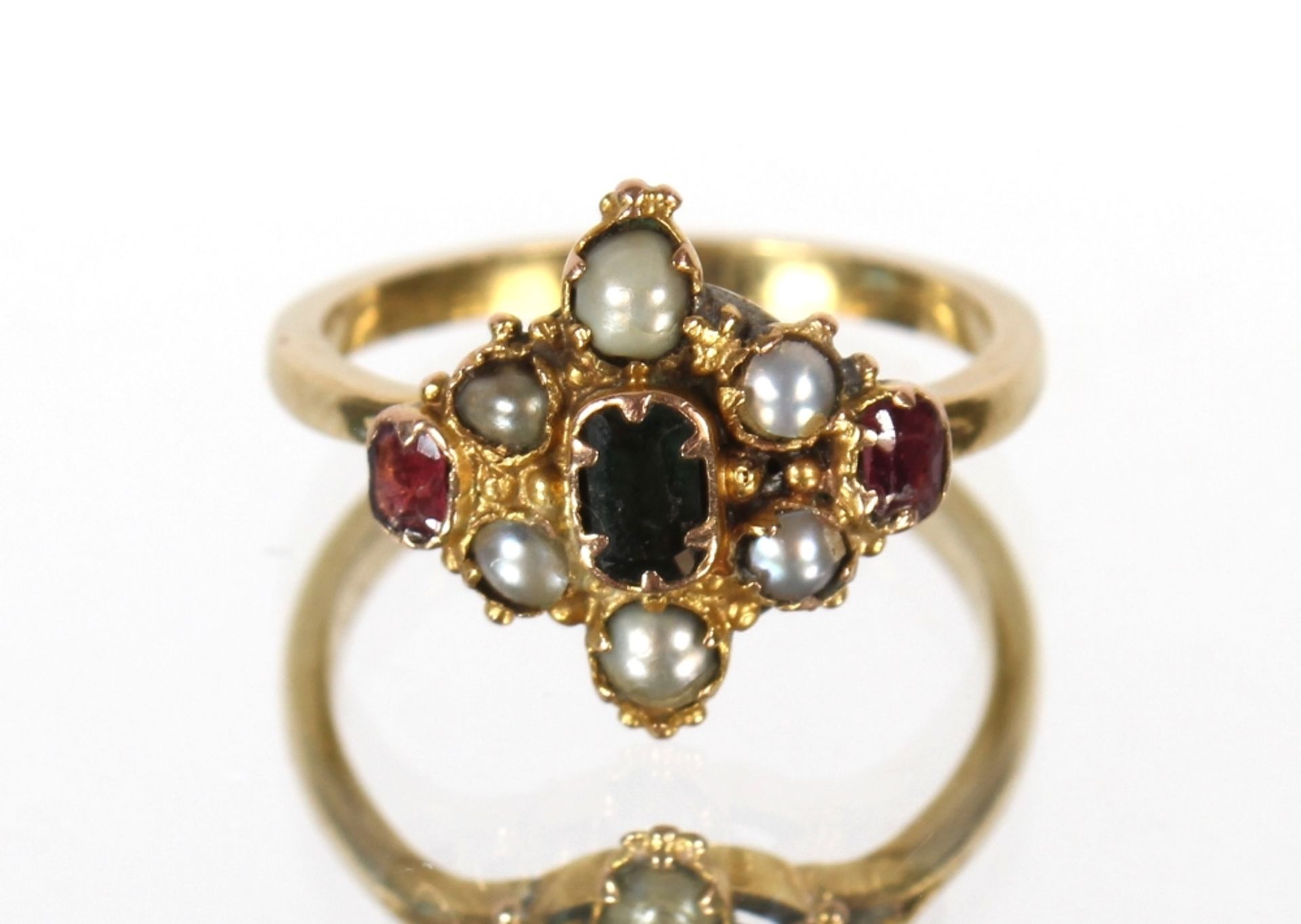 A Victorian coloured gem stone and seed pearl set cluster ring, 3.5gms. Size M