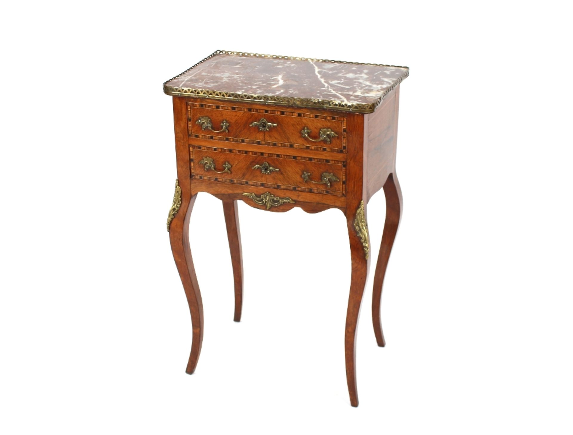 A pair of French walnut and chequer banded marble topped side tables, pierced brass galleries, two - Image 2 of 2