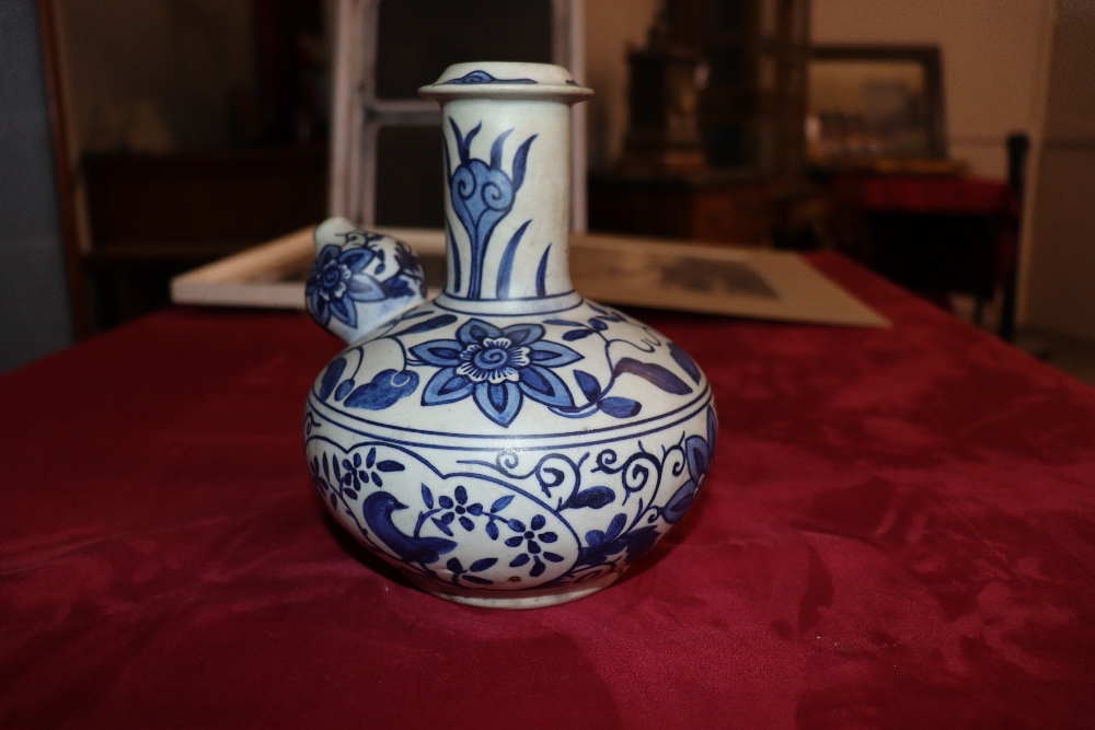 A Chinese Ming style Kendi of traditional form, blue glazed floral and bird decoration, 18cm high - Image 17 of 22