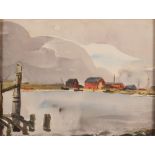 Allan Walton 1891-1948, riverside study with sailing yachts and boathouses in the far ground, 21.5cm