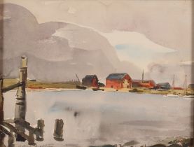 Allan Walton 1891-1948, riverside study with sailing yachts and boathouses in the far ground, 21.5cm