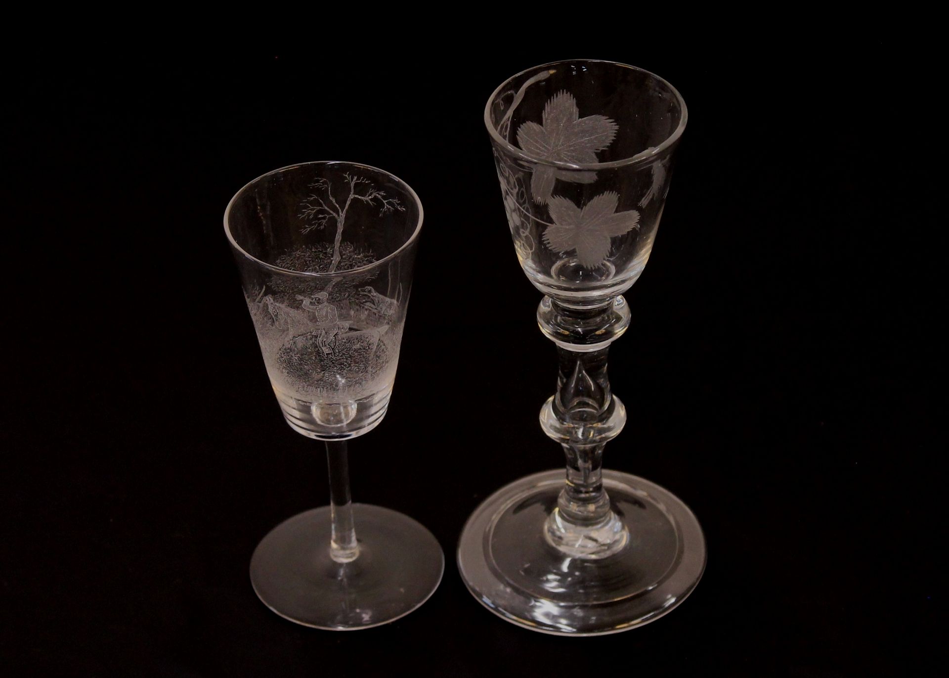 Two Georgian drinking glasses, with spiral twist stems; another with foliate etched vine and bird - Image 3 of 4