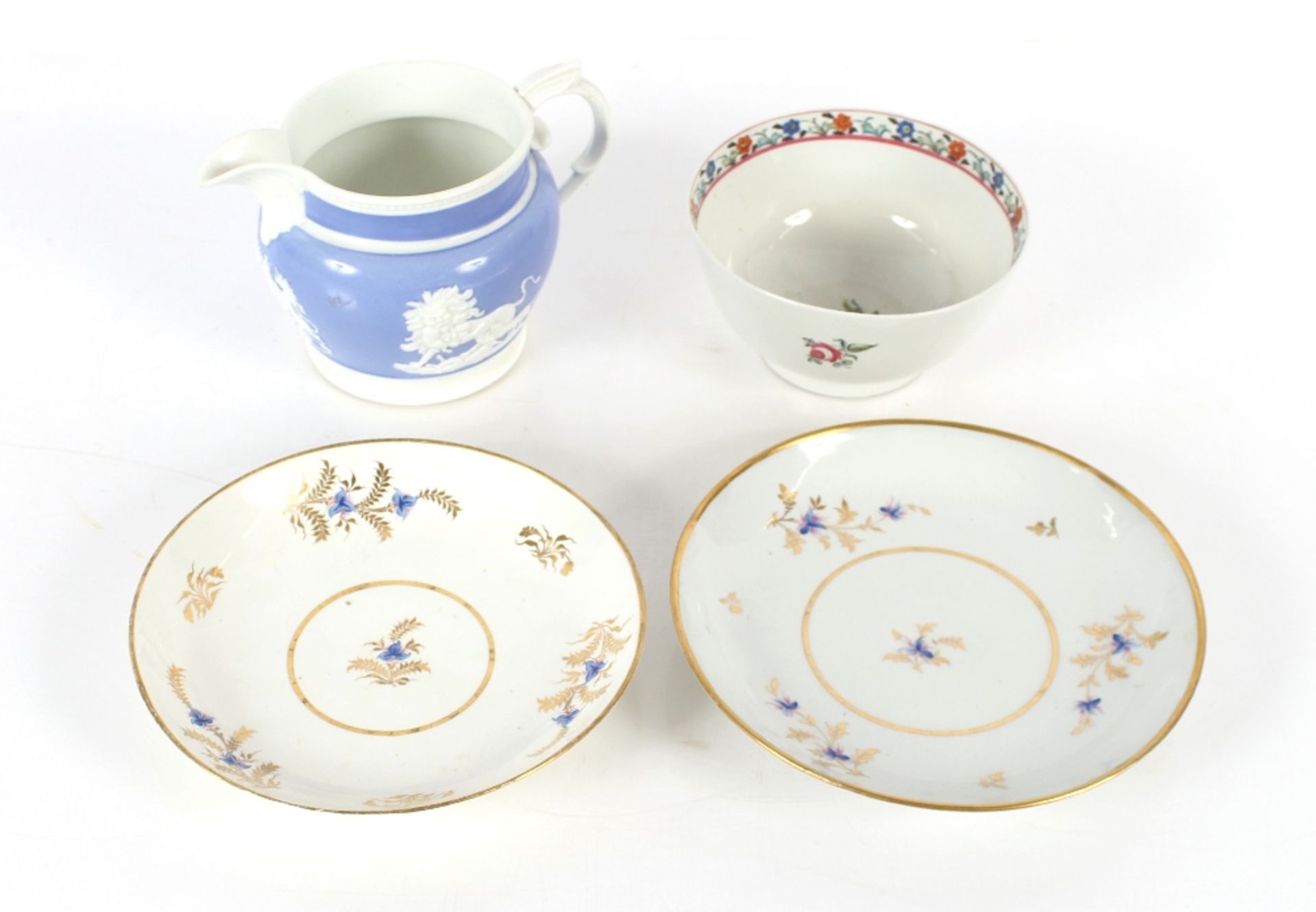 Newhall and Keeling, early 19th Century porcelain including two dishes, slops bowl and jug