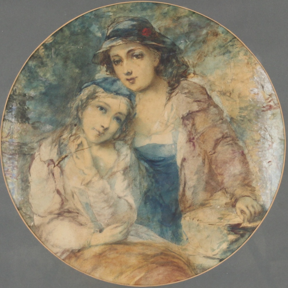 J.J. Hill, watercolour study of two young girls pencil signed bottom right, framed as an oval - Image 2 of 2