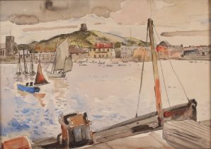 Allan Walton 1891-1948, study of a harbour with fishing and other sailing vessels, town in the far