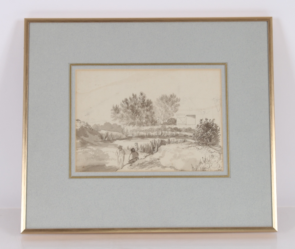 19th Century school, study of figures on a river bank, unsigned monochrome watercolour - Image 2 of 3