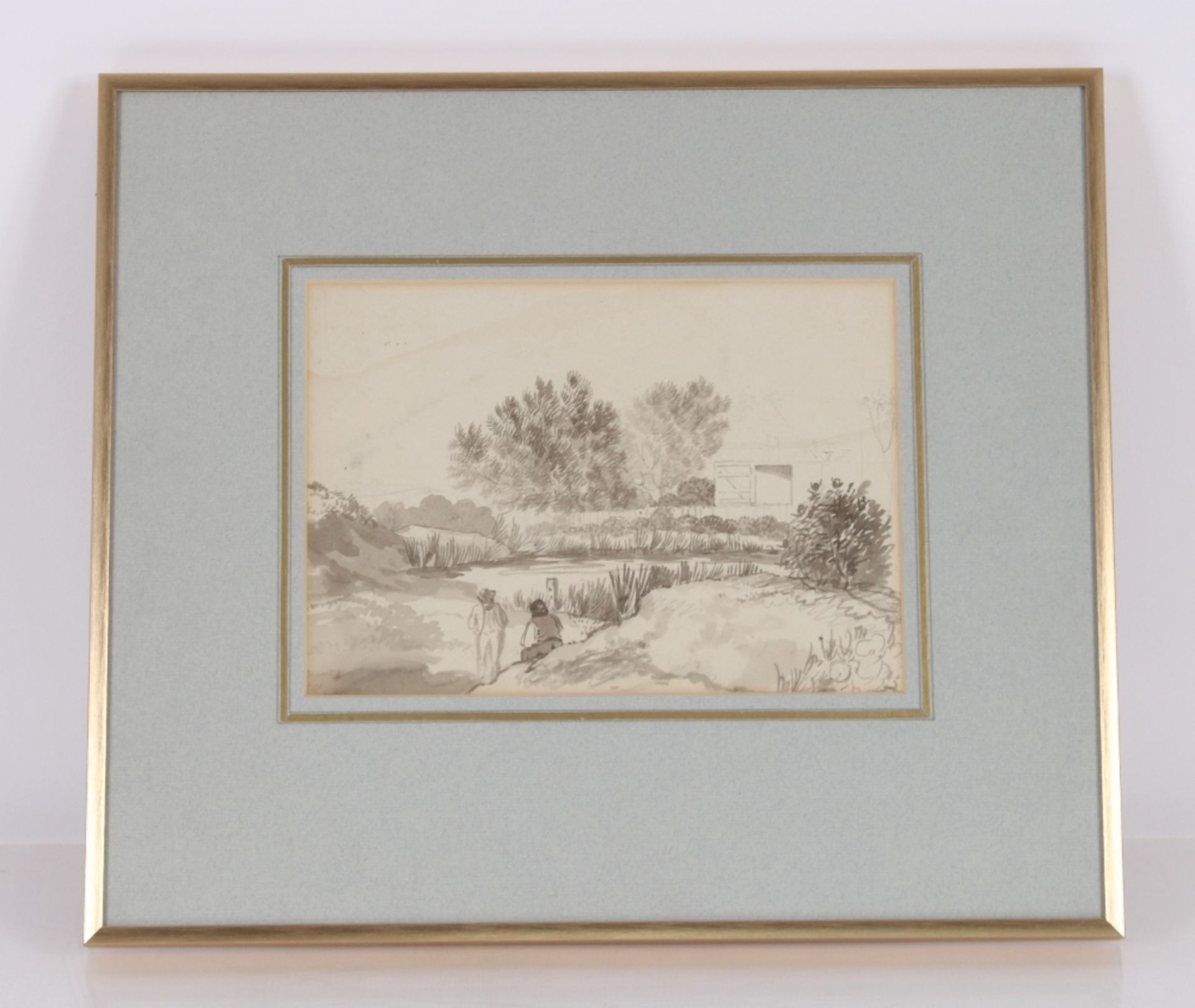 19th Century school, study of figures on a river bank, unsigned monochrome watercolour - Image 2 of 3