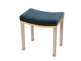 A Queen Elizabeth II limed oak Coronation stool, with blue velvet upholstery and a cushion used at