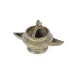 A small Asian bronze double spouted hanging lamp, having chevron banded decoration, 12cm