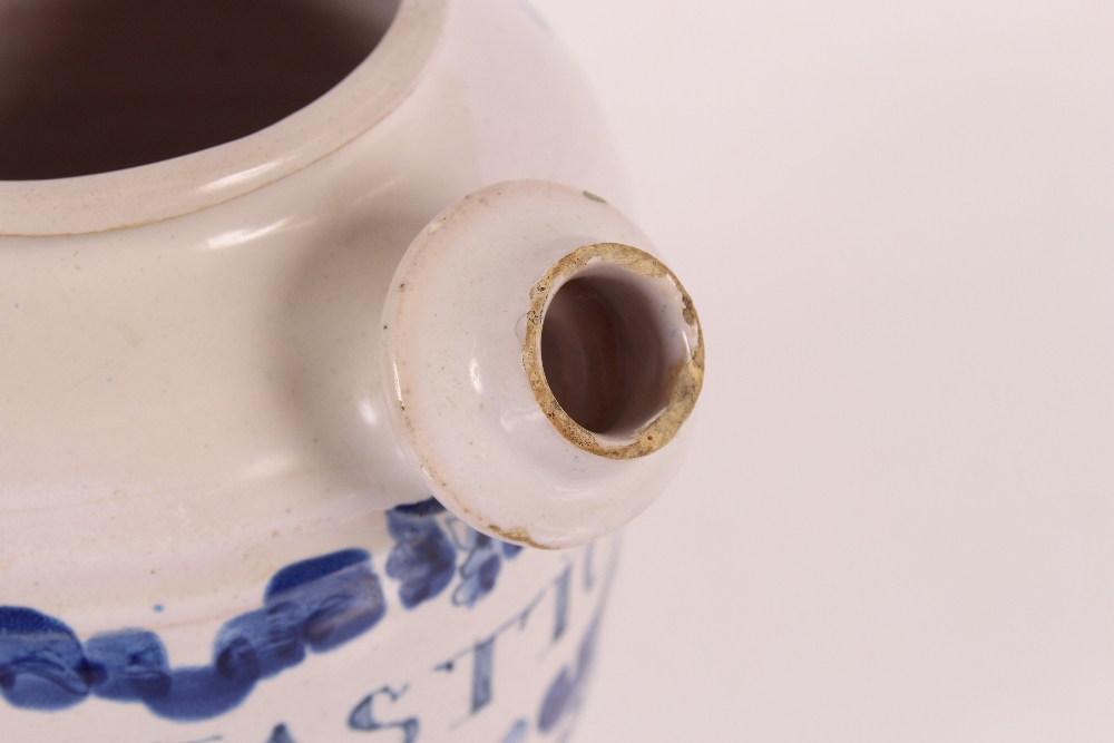 A fine London Delft wet drug jar, decorated in blue, the scrollwork panel inscribed "O:Mastichin" - Image 6 of 12