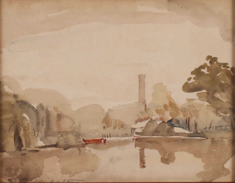 Allan Walton 1891-1948, study of a river scene in winter buildings beyond, pencil signed