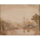 Allan Walton 1891-1948, study of a river scene in winter buildings beyond, pencil signed