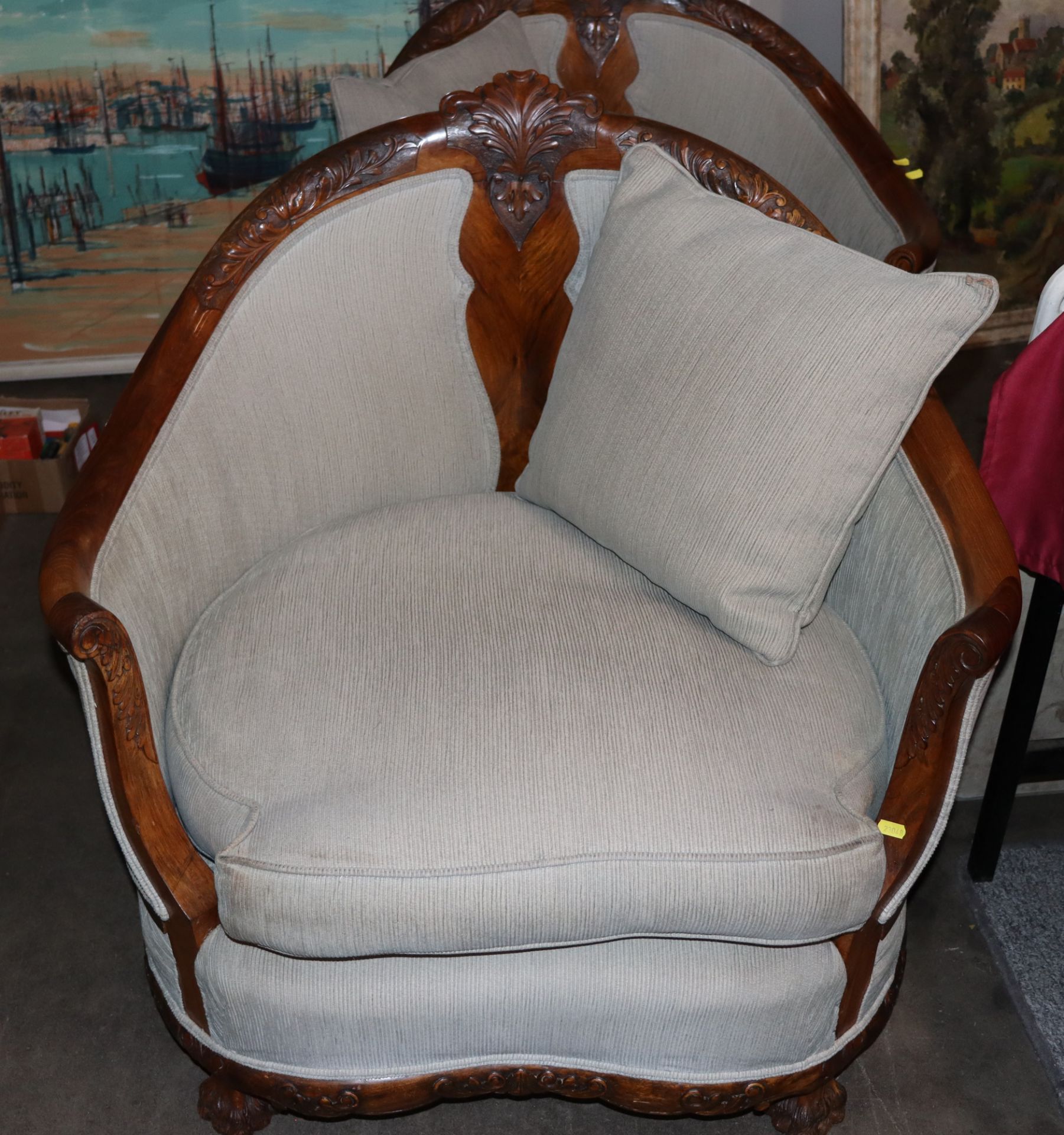 An early 20th Century carved walnut salon suite, comprising curved three seater settee with - Image 2 of 5