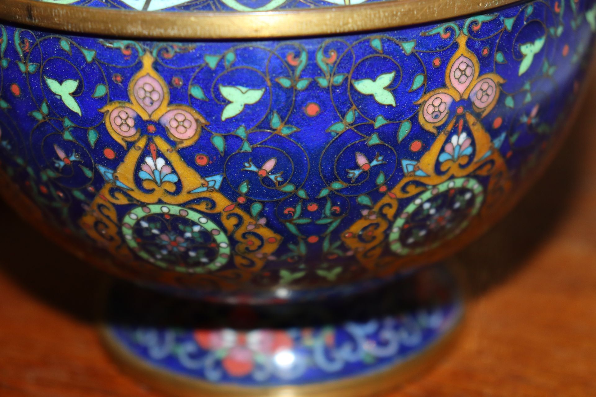 A Chinese cloisonné baluster vase, having floral decoration and symbol banded border on blue ground, - Image 7 of 12