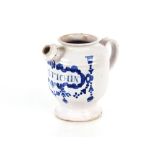 A fine London Delft wet drug jar, decorated in blue, the scrollwork panel inscribed "O:Mastichin"