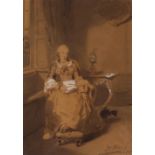 David Joseph Bless 1821-1899, study of a seated lady reading a letter, signed watercolour 19cm x