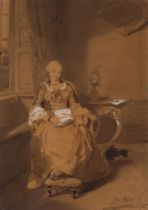 David Joseph Bless 1821-1899, study of a seated lady reading a letter, signed watercolour 19cm x