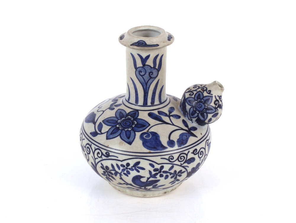 A Chinese Ming style Kendi of traditional form, blue glazed floral and bird decoration, 18cm high - Image 2 of 22