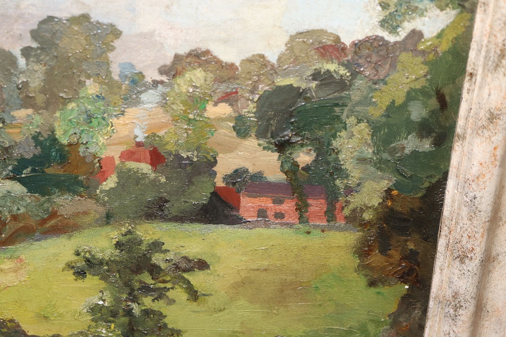 Attributed to Allan Walton, study of a rural village in rolling landscape, unsigned oil on canvas, - Image 7 of 19
